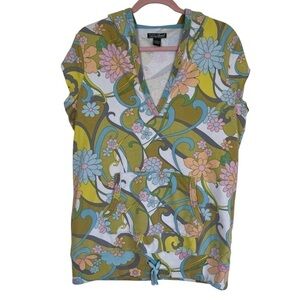 Lucky Brand Y2K Sweatshirt Cap Sleeve Hooded Vest Groovy Flower Power 70s Print